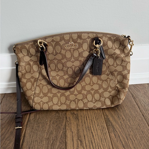 Coach Handbags - Coach Khaki Signature Canvas Shoulder Bag with Chestnut Trim